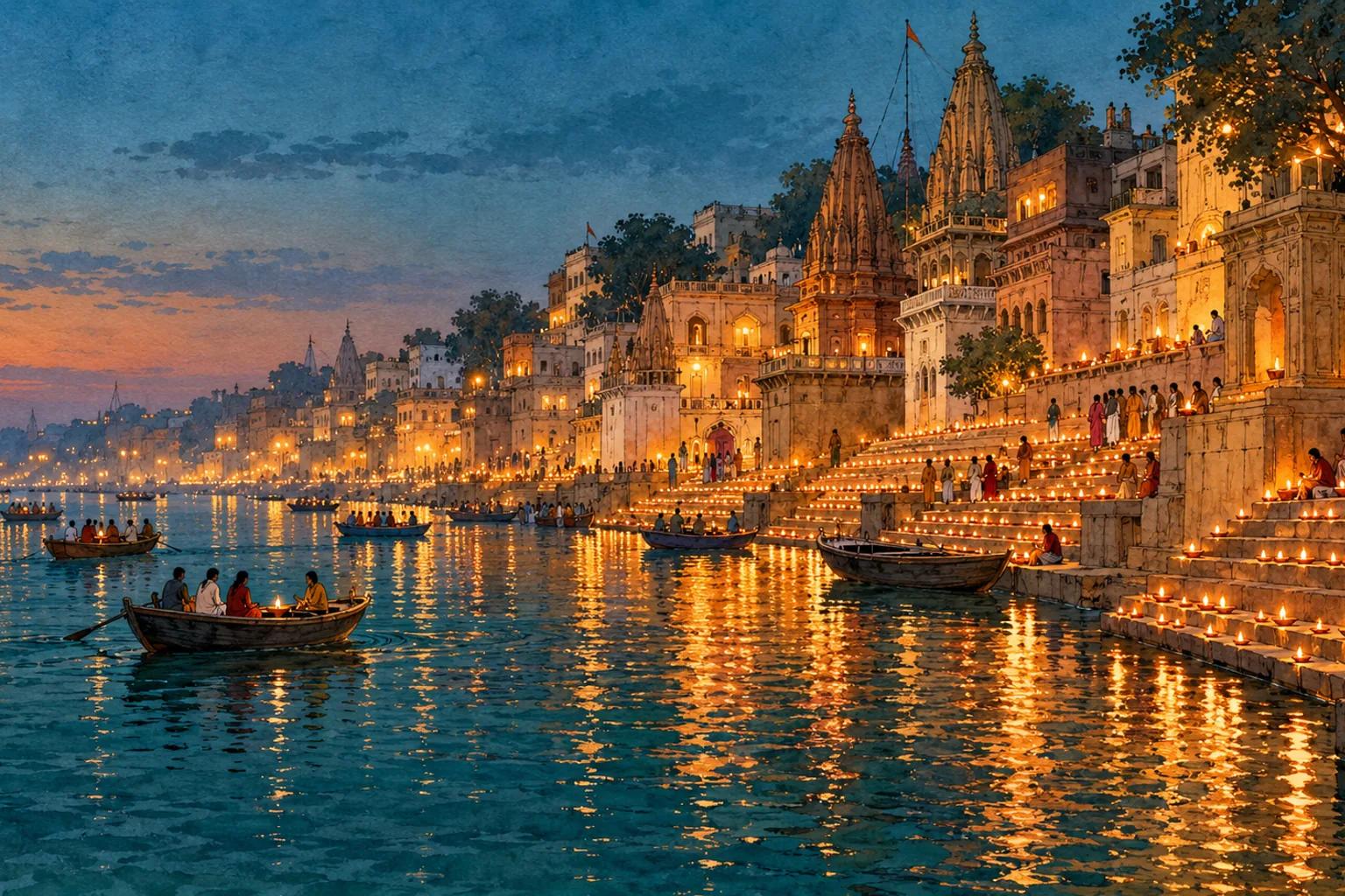 Watercolor illustration of Varanasi ghats lit with oil lamps for Dev Deepawali