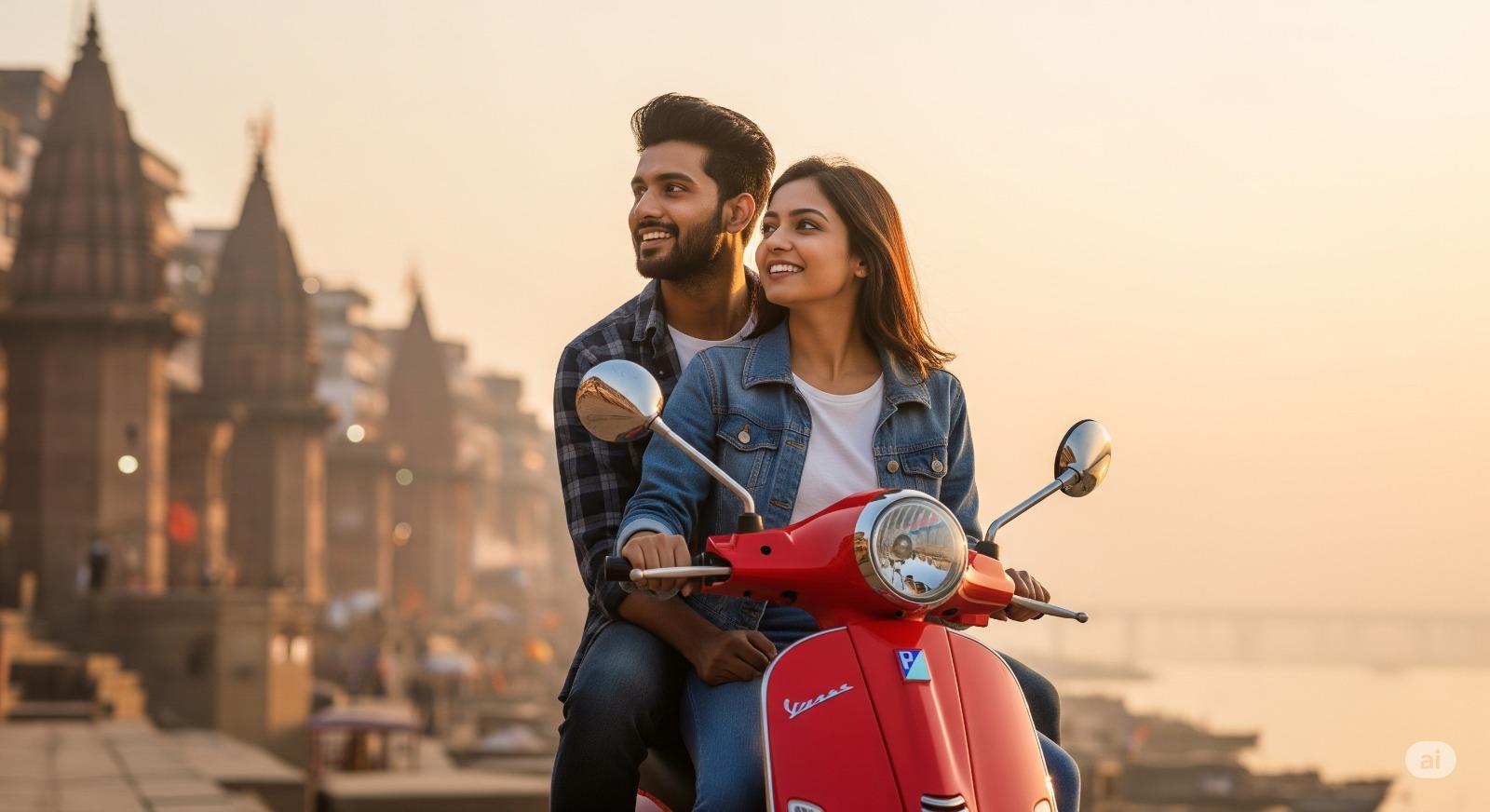 A scooty parked with a view of the Varanasi ghats at sunrise
