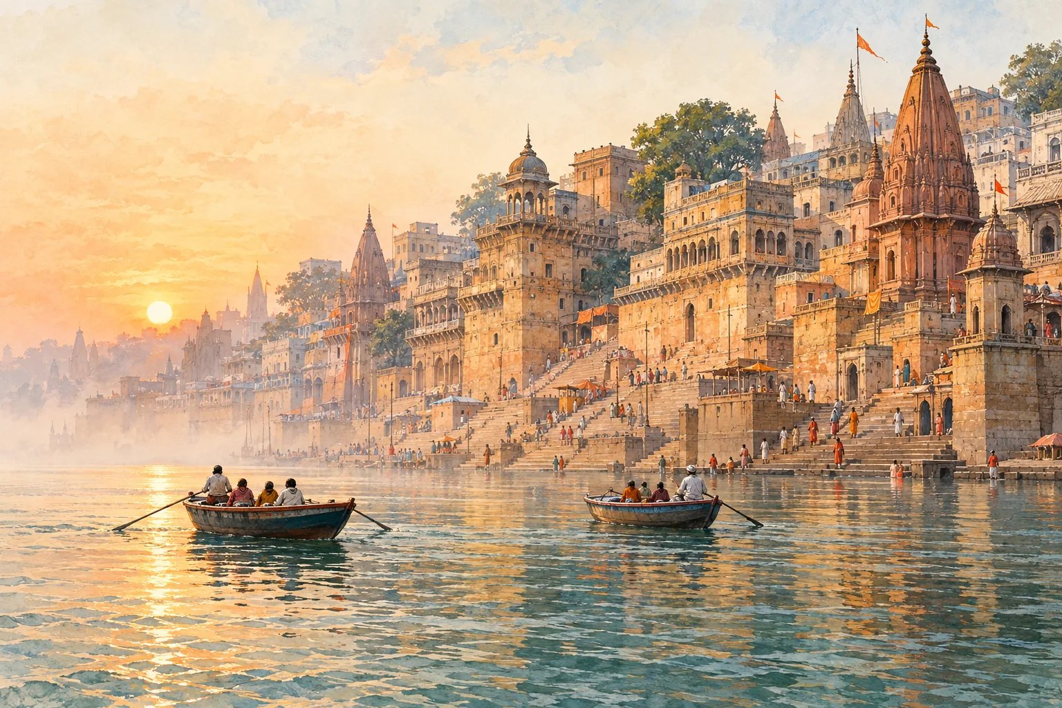 Watercolor illustration of Varanasi ghats and wooden boats on the Ganges at sunrise