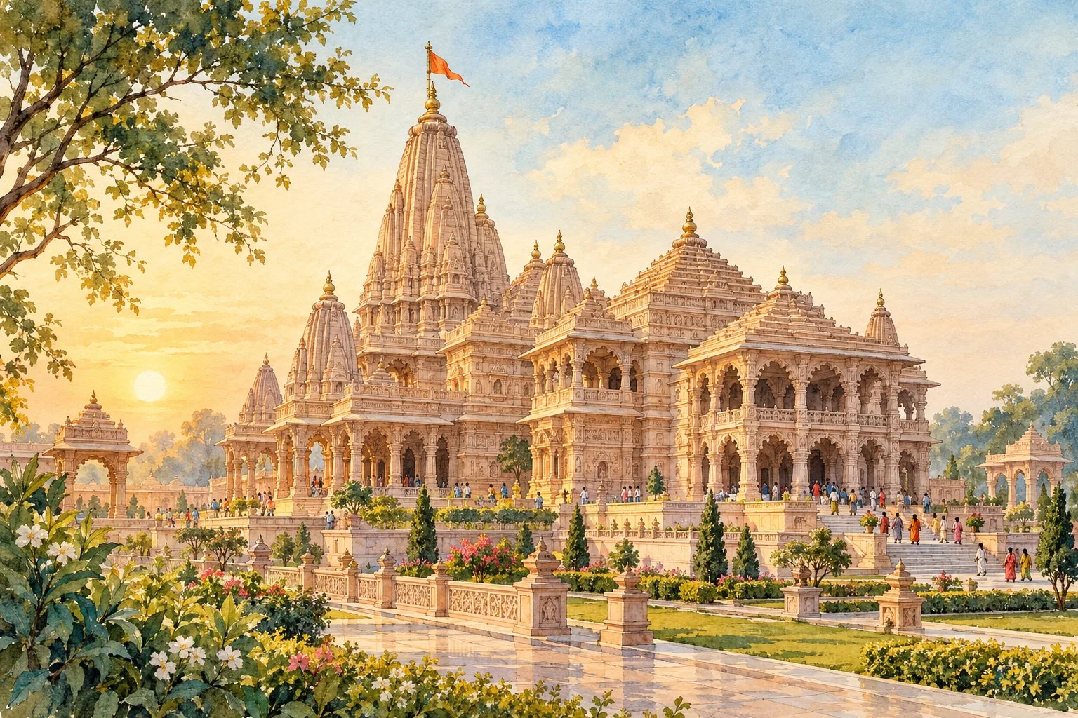 Artistic watercolor interpretation of a sandstone temple in Ayodhya