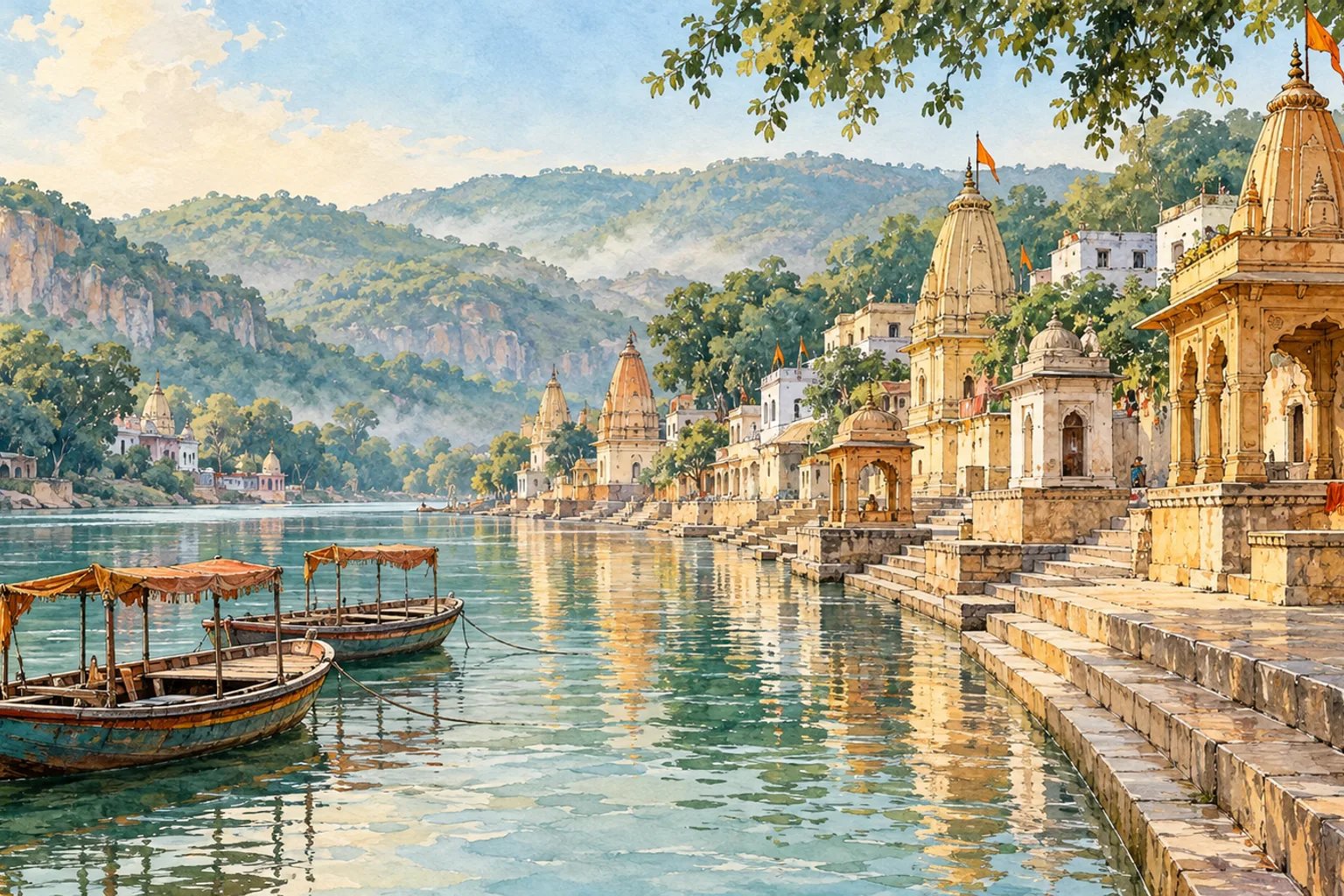 Watercolor illustration of riverside ghats and temples in Chitrakoot