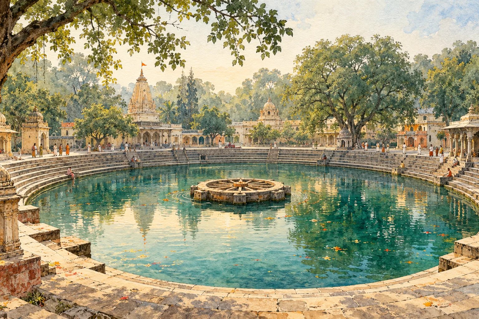 Watercolor interpretation of the sacred circular water tank and shrines at Naimisharanya