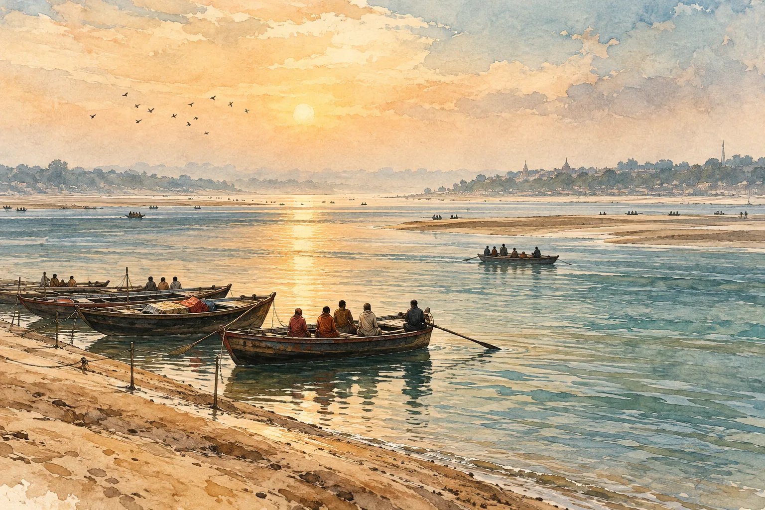 Watercolor illustration of pilgrim boats and the open rivers at Triveni Sangam, Prayagraj