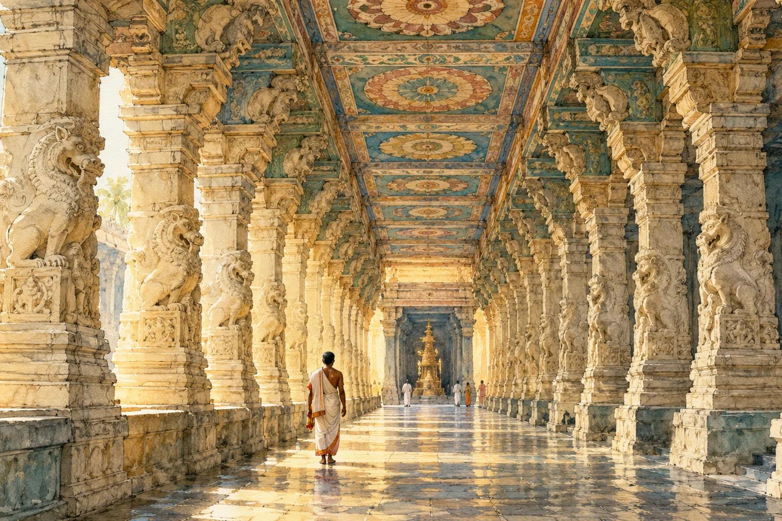 Watercolor interpretation of a carved temple corridor in Rameswaram