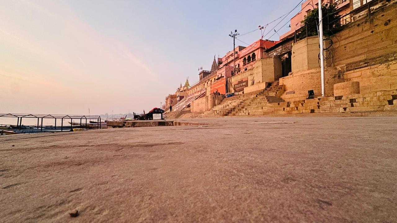Wooden boats on the Ganges at sunrise along the Varanasi ghats