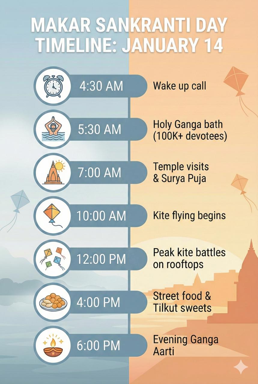 Makar Sankranti Day Timeline in Varanasi Makar Sankranti 2025 Timeline - Hour by hour guide to the festival day