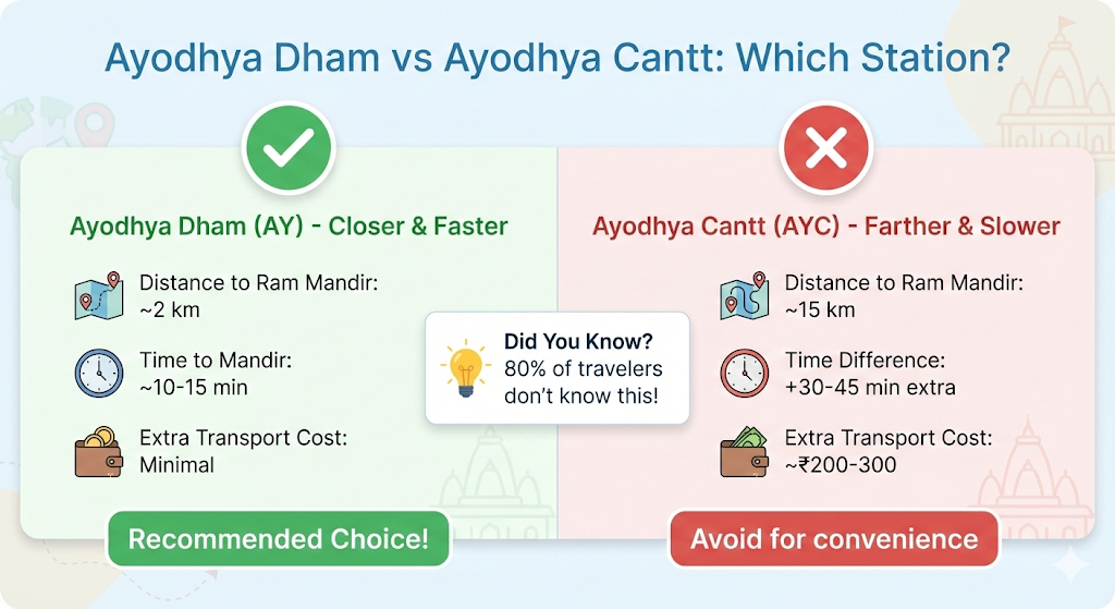 Ayodhya Dham vs Ayodhya Cantt station comparison - which station to choose for Ram Mandir to Varanasi journey