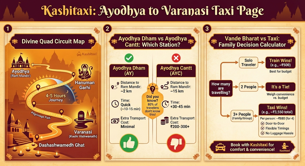 Ayodhya to Varanasi taxi page infographics - Divine Quad Circuit Map, Station Confusion Comparison, Vande Bharat vs Taxi Calculator