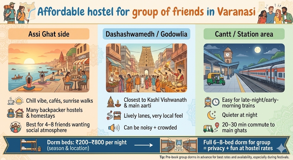 Affordable hostel for group of friends in Varanasi infographic