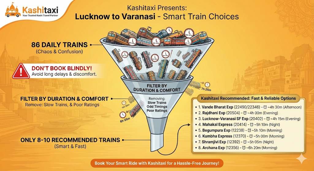 Lucknow to Varanasi smart train choices - Filter 86 daily trains to find only 8-10 recommended fast and reliable options