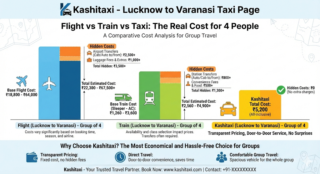 Flight vs Train vs Taxi cost comparison for Lucknow to Varanasi - Group of 4 people showing hidden costs and total estimated expenses
