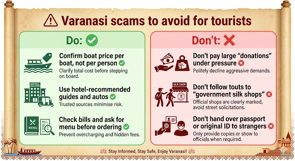 Varanasi scams to avoid for tourists infographic